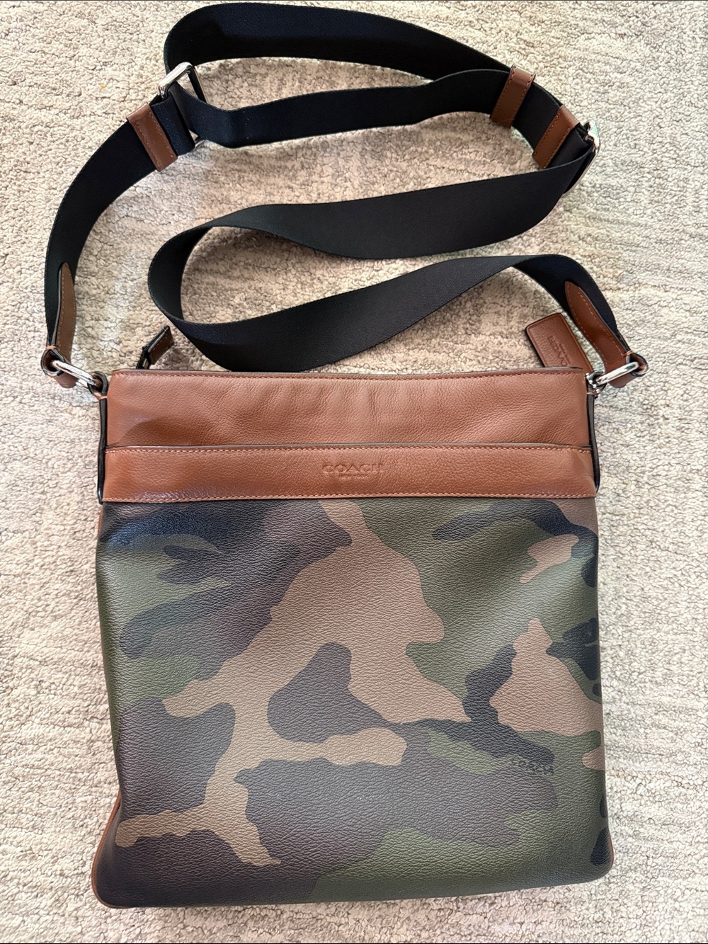 Coach Men's Camo Leather Messenger Bag in Brown/Green with Black Strap